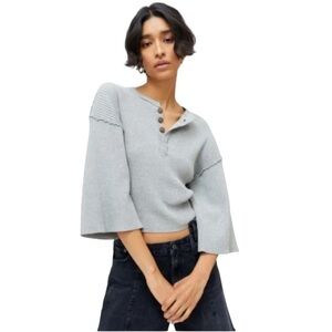 Urban Outfitters Small Henley Grey Sweater Crop Wide Sleeve Ribbed Pullover